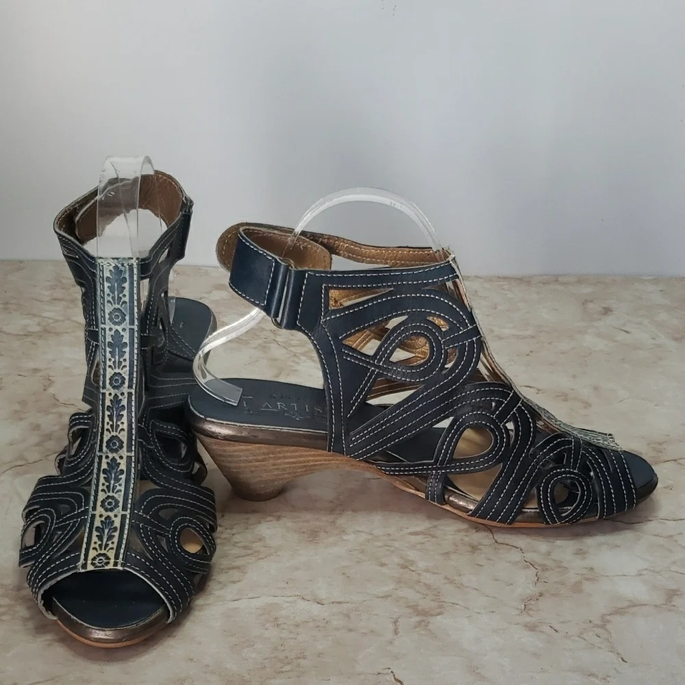 Women’s Navy Cutout Sandal Heels with Embroidered Accent